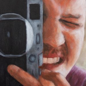 Retrato de Filipe Ramos pintado por Ivan Torres em acrílica sobre tela, a partir de uma fotografia do fotógrafo em ação.